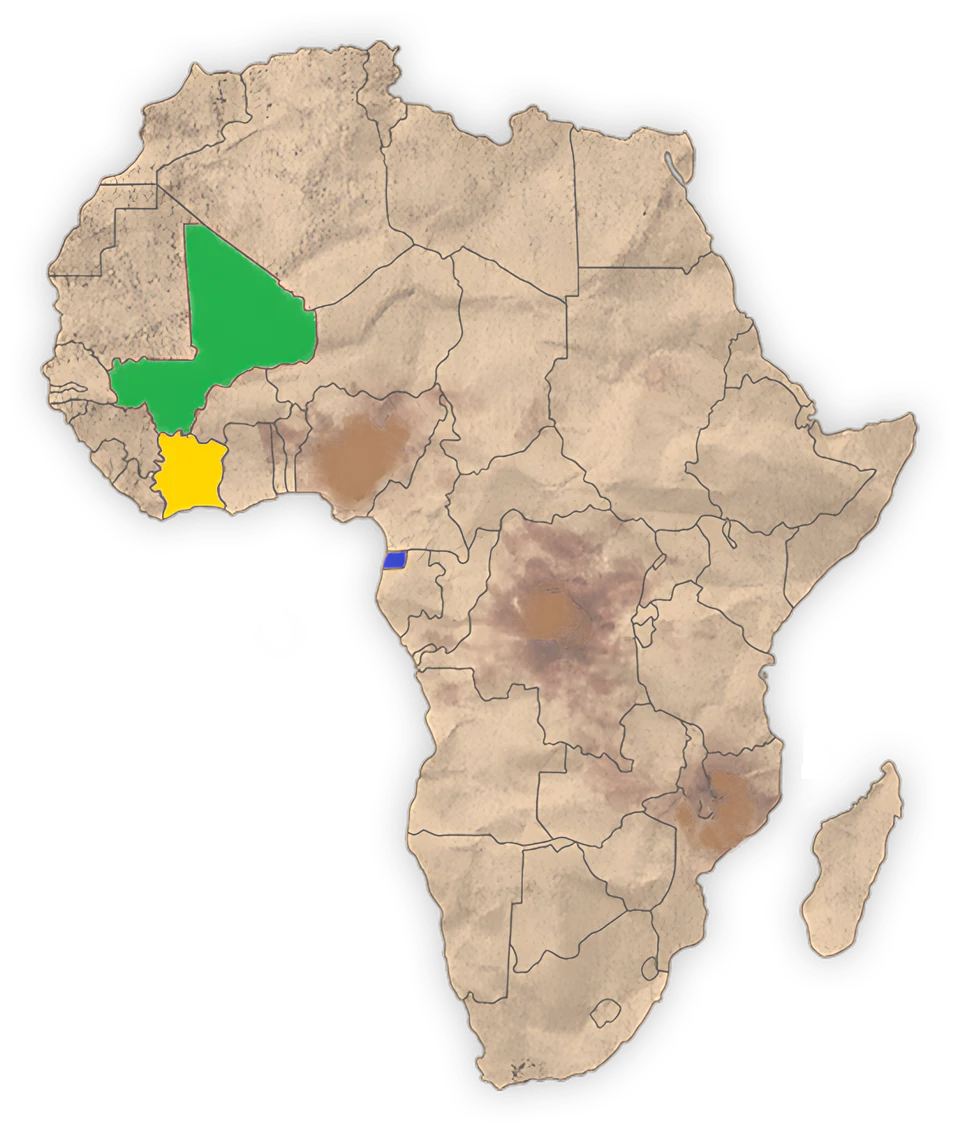 Carte de l’Afrique : Mali, Guinée équatoriale et Côte d’Ivoire